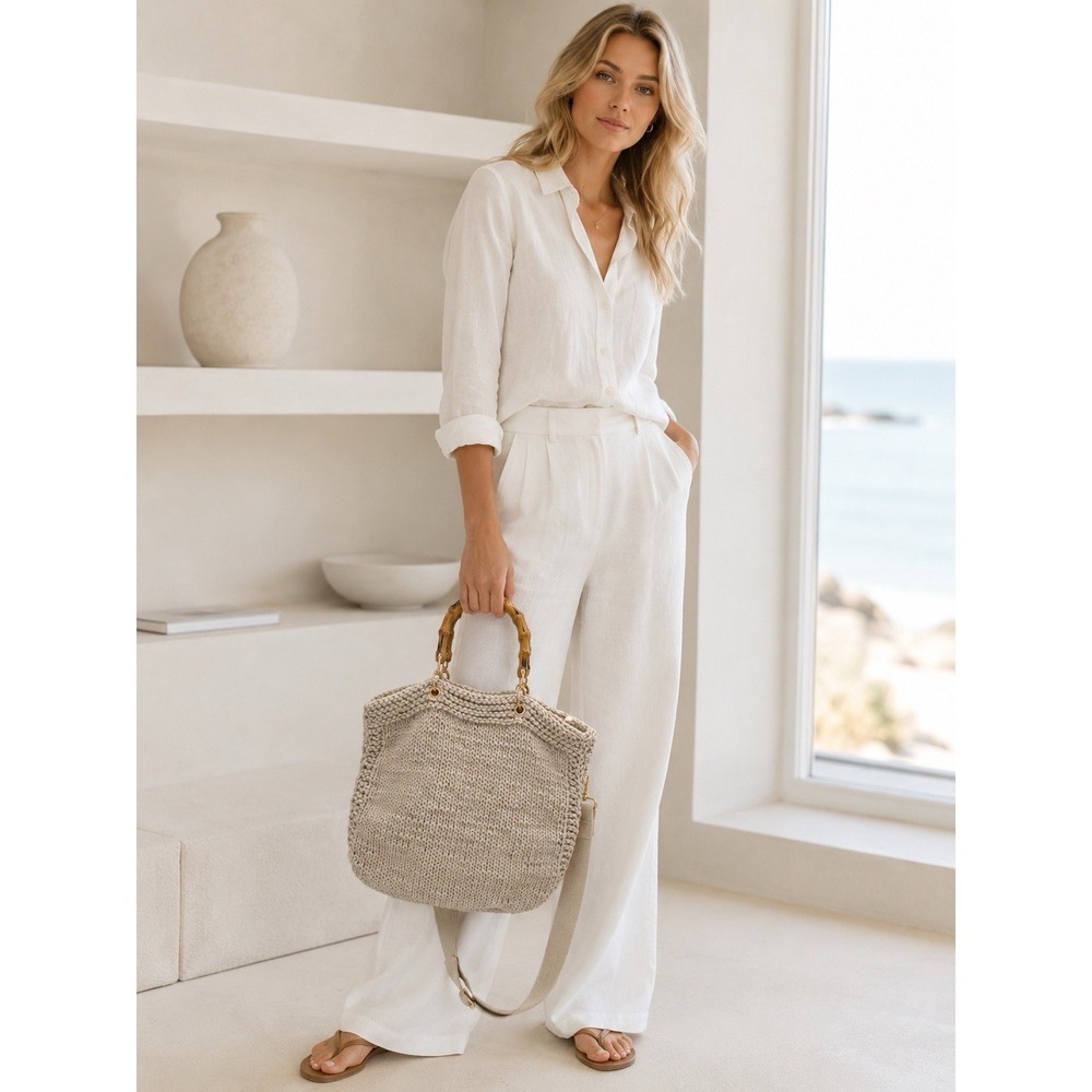 Mersea Knit Tote Bag Cream Cotton Bamboo Handles Large Beach Boho Shopper